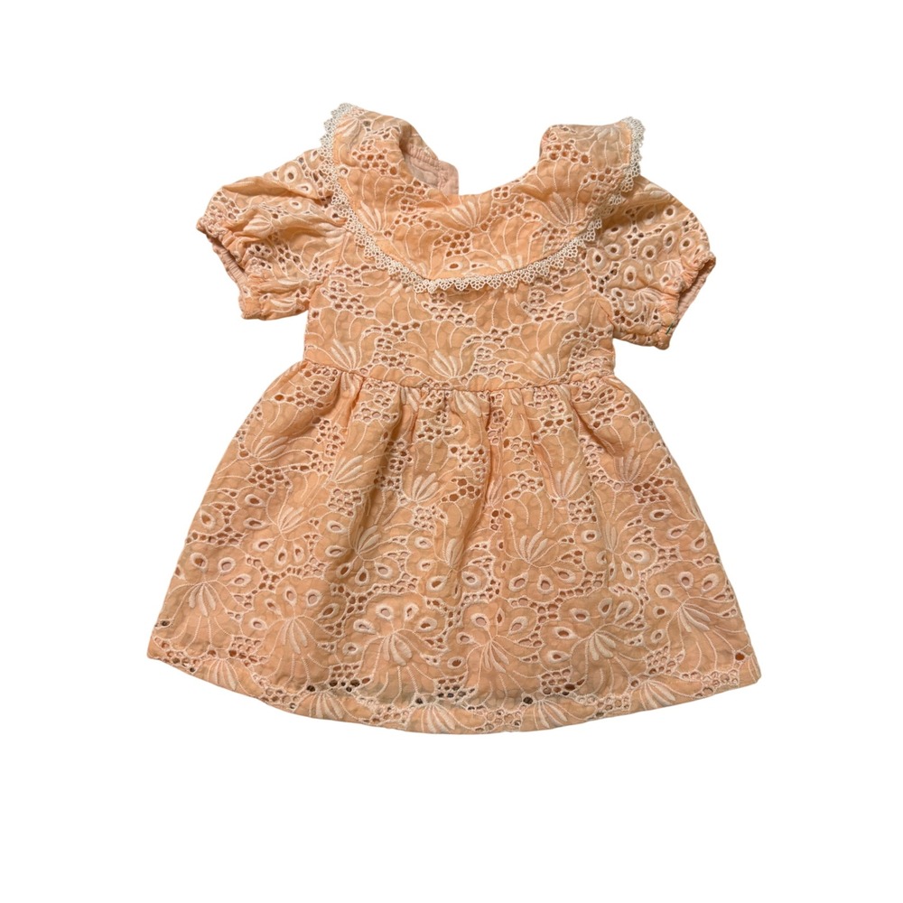 Gingersnaps Tiny 12M Pink Peach Floral Lace Eyelet Dress Dress Round Bib Collar